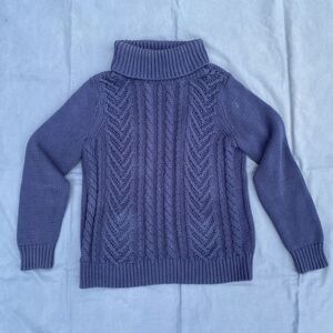 Lands End Drift Medium Navy Blue Chunky Cableknit Turtleneck Fisherman Sweater